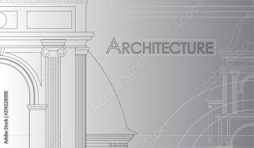 Architectural wallpaper, background for printing business cards, brochures. Vector drawing of a church building on a gradient background in an abstract composition. Outline scheme, blueprint drawing