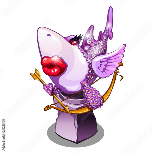 A souvenir in the form of a shark in love, inspired by love, isolated on white background. Statuette in the form of cartoon fish encrusted with precious stones. Vector illustration.