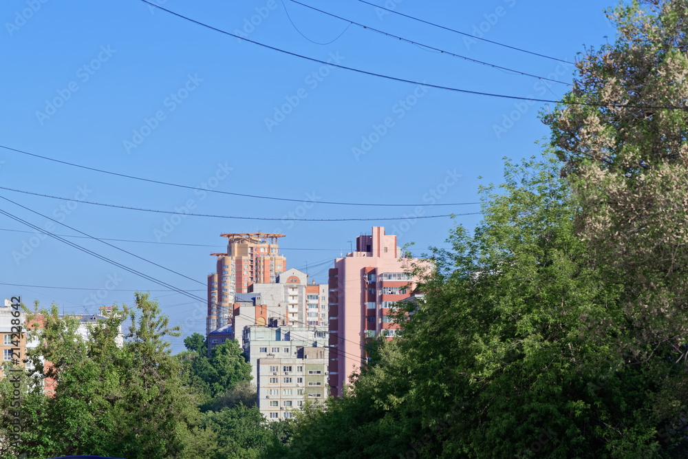 Scene of distant skyscrapers against clear blue sky in Khabarovsk, Russia