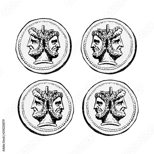 Two-faced Janus. Two male heads in profile, connected by the nape. Stylization of the ancient Roman coin. Graphical design. Vector illustration.