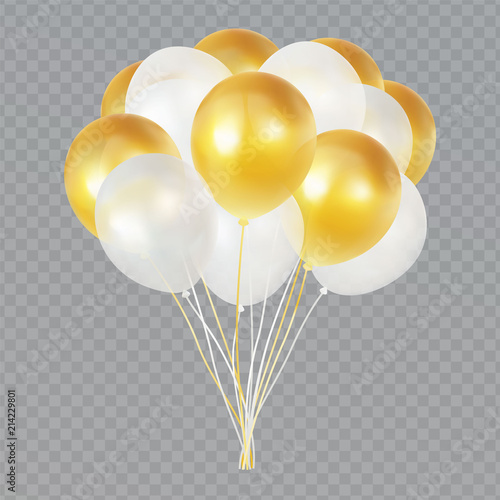 Balloon helium bunch isolated on transparent background. Realistic gold and white ballon group with transparency. 