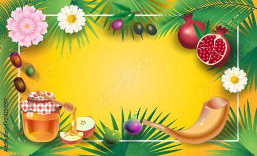 Rosh Hashanah greeting card Jewish New Year "Shana Tova!" on Hebrew. Honey, apple, shofar, pomegranate, Torah scroll banner. Rosh hashana, sukkot, vector