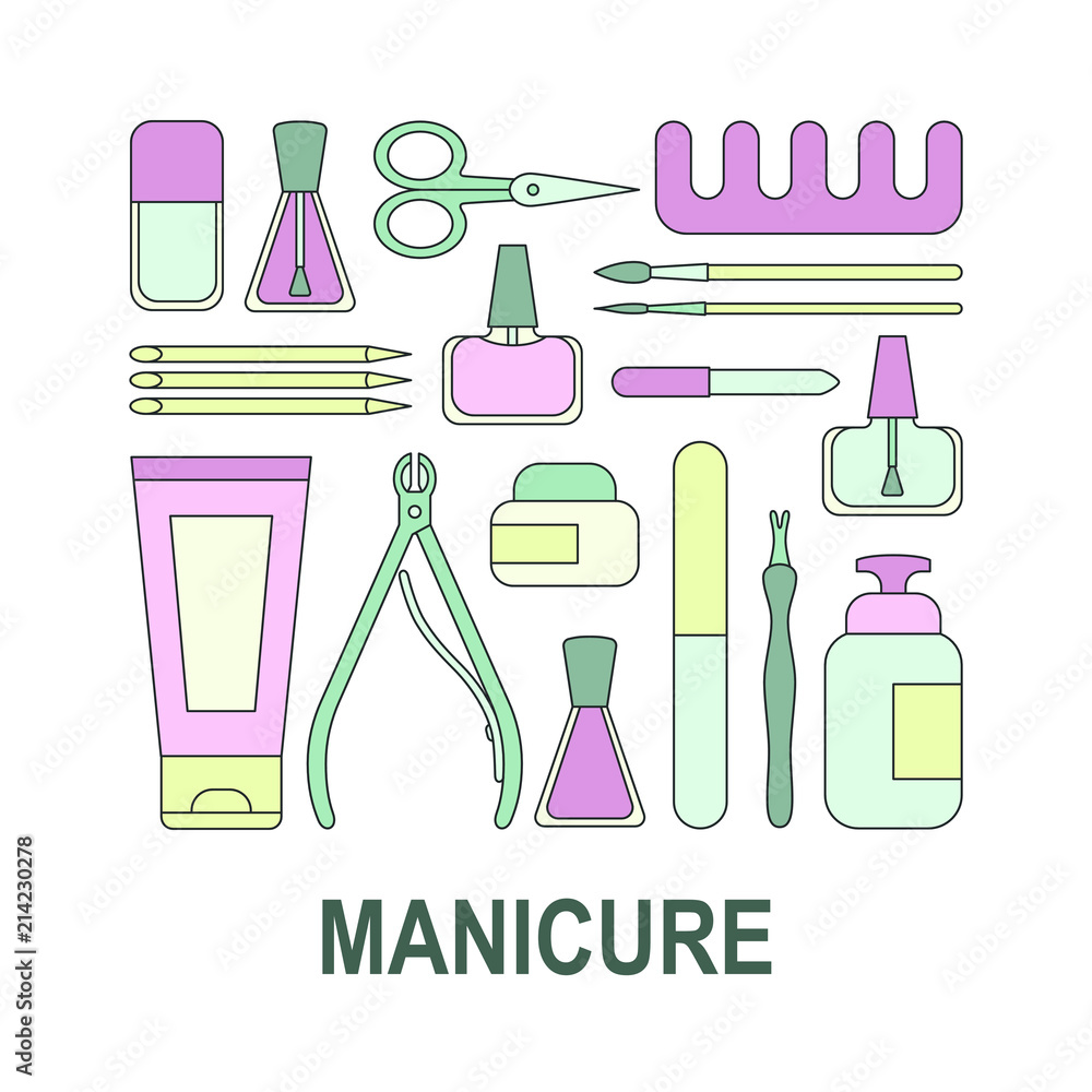 Vector illustration Manicure tools and accesories. A set of elements on the topic of nail manicure for shop, magazine, salon, poster and other. Vector illustration Manicure tools and accesories. A set of elements on the topic of nail manicure for shop, magazine, salon, poster and other.