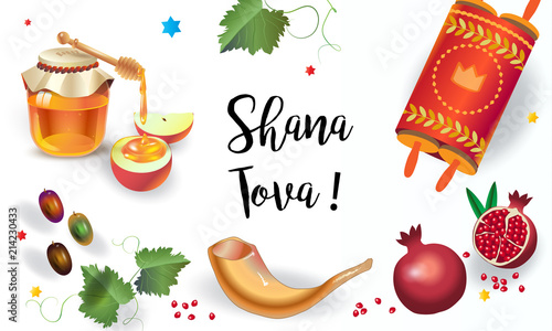 Rosh Hashanah greeting card - Jewish New Year. Text "Shana Tova!" on Hebrew. Honey, apple, shofar, pomegranate, Torah scroll banner. Rosh hashana, sukkot