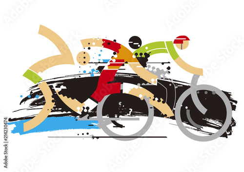 Triathlon race expresiv  stylized.
Expresiv Stylized illustration of Three triathlon athletes on the grunge background. Vector available. 