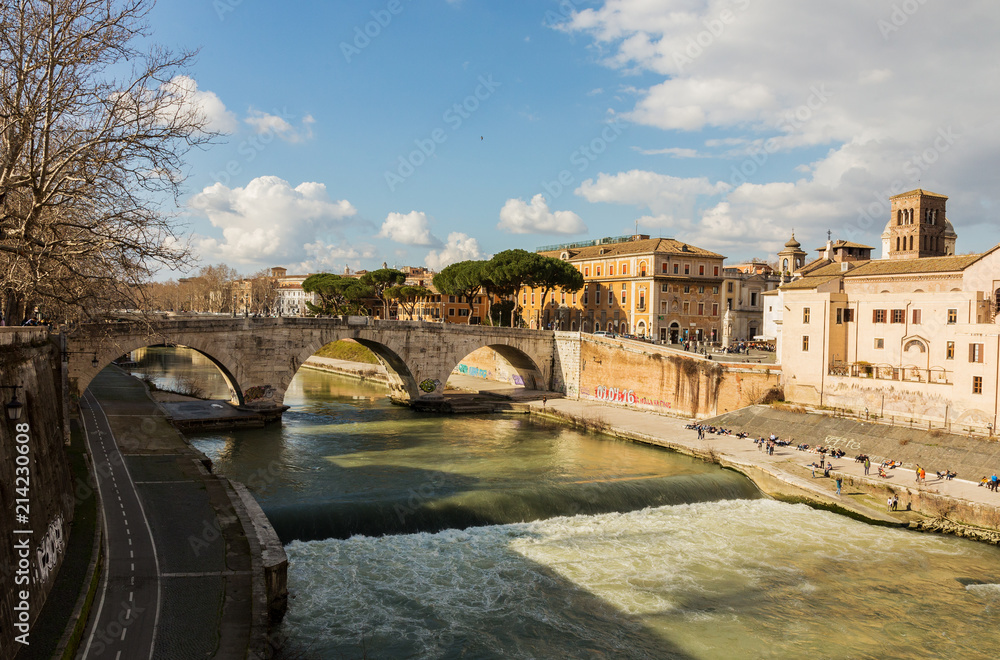 Italy, Rome, bridge over the Tiber River, winter Italy, Rome, bridge over the Tiber River, winter