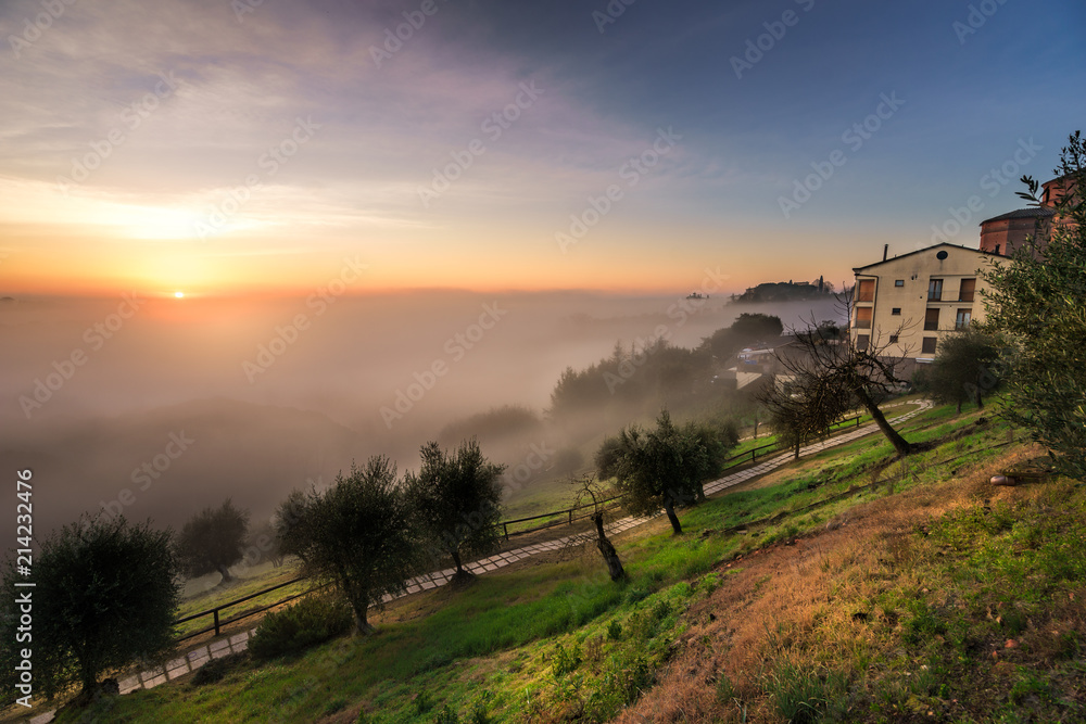 Fog welcomes sunrise in the countryside of Siena, Italy.