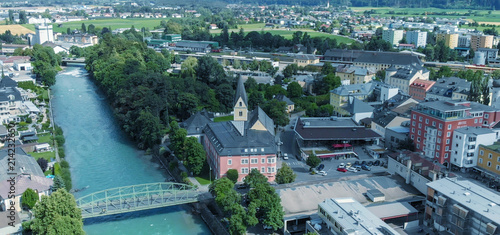 LIENZ, AUSTRIA - JULY 13, 2018: Aerial view of beautiful city and valley. Lienz is a famous tourist attraction in Austria