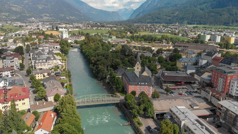 Aerial view of Lienz cityscape and valley, Austrian alps