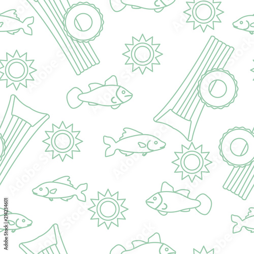 Pattern with fish, sun, inflatable mattress.