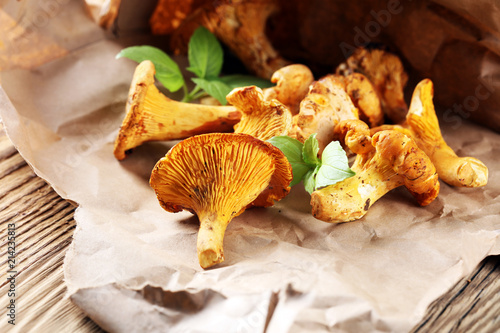 Mushrooms chanterelle on table. Raw wild mushrooms chanterelles. Composition with wild mushroom