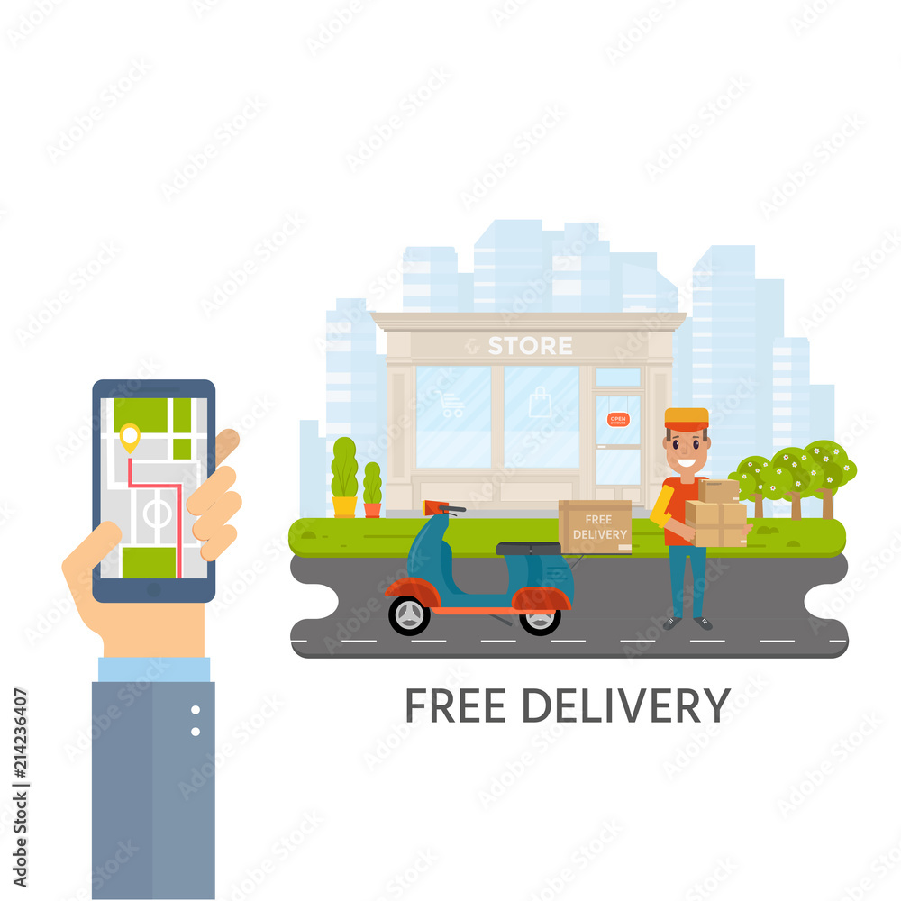 Naklejka premium Logistics and delivery service concept: motorbike, smiling couriers with packages, scooter and city background.
