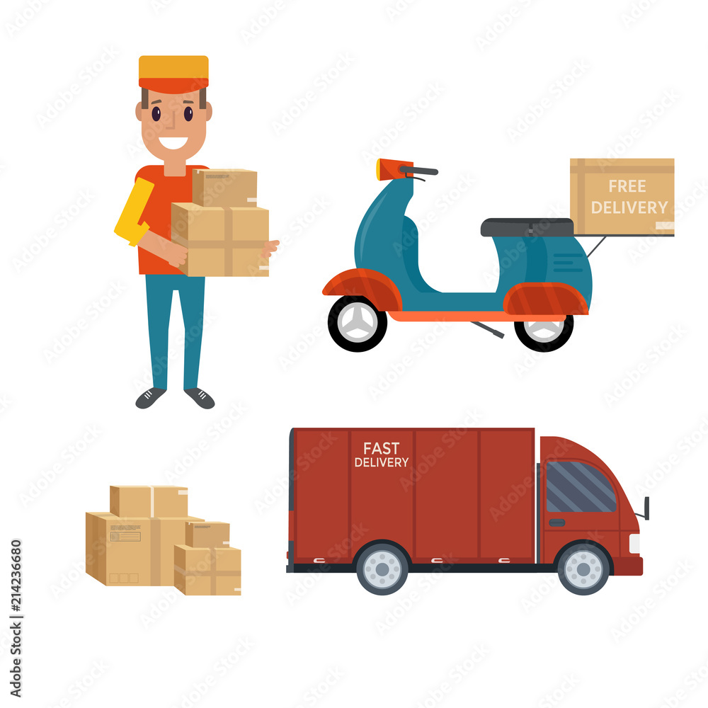 Logistics and delivery icon service isolated on white background: smiling couriers with packages, box, parcel, scooter and red truck, van Logistics and delivery icon service isolated on white background: smiling couriers with packages, box, parcel, scooter and red truck, van
