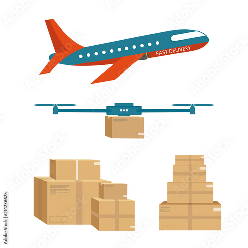 Logistics and delivery icon service of helicopter with package and plane isolated on white background.