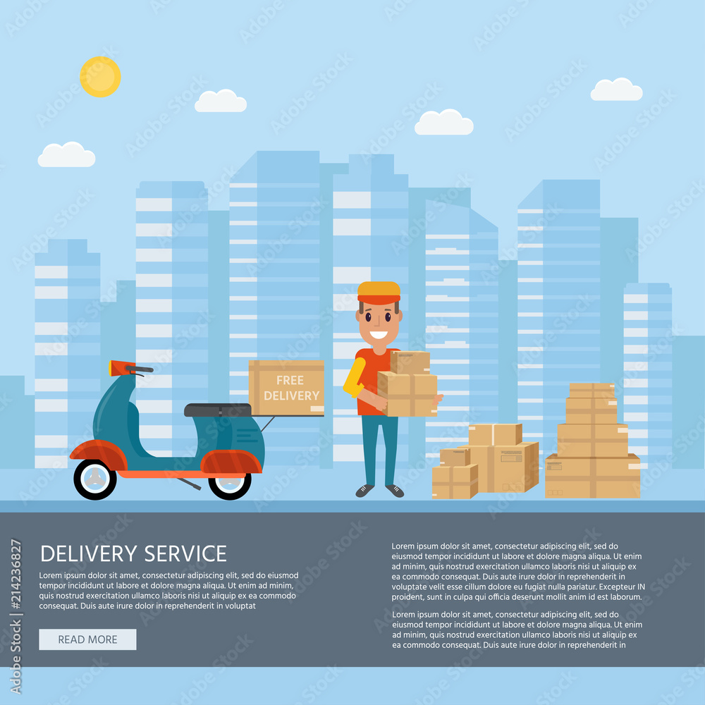 Logistics and delivery service concept: motorbike, smiling couriers with packages, scooter, building and city background. Logistics and delivery service concept: motorbike, smiling couriers with packages, scooter, building and city background.