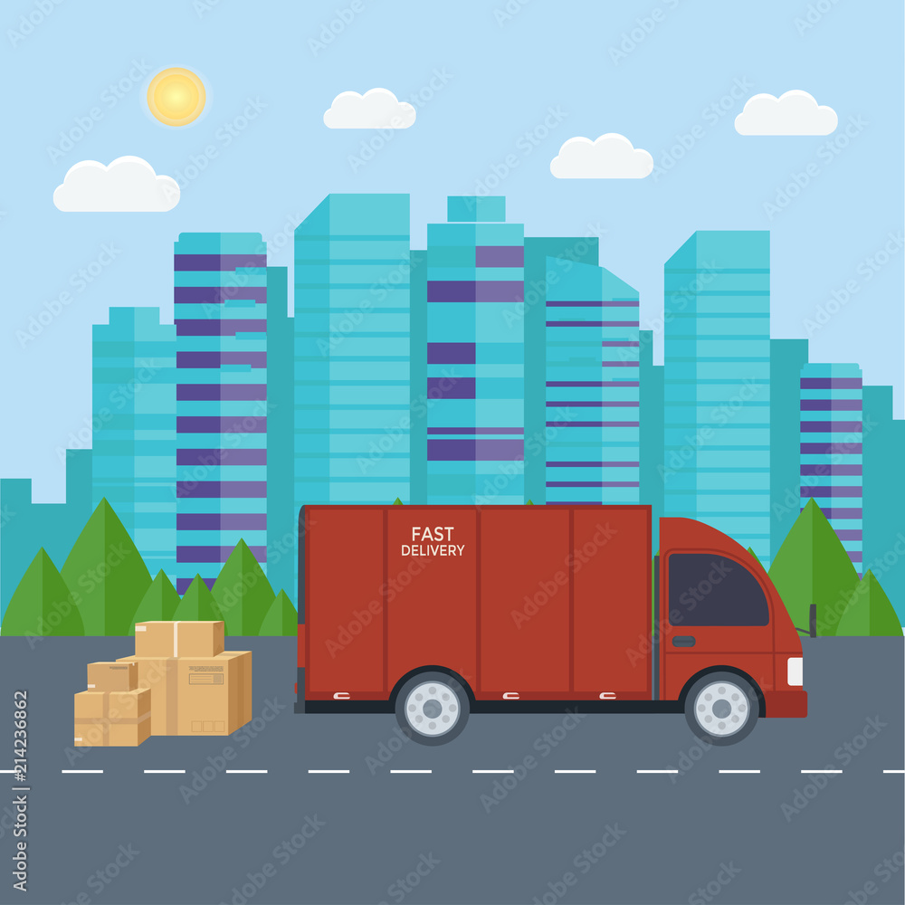 Logistics and delivery service concept: truck, lorry, van with store, shop and city background