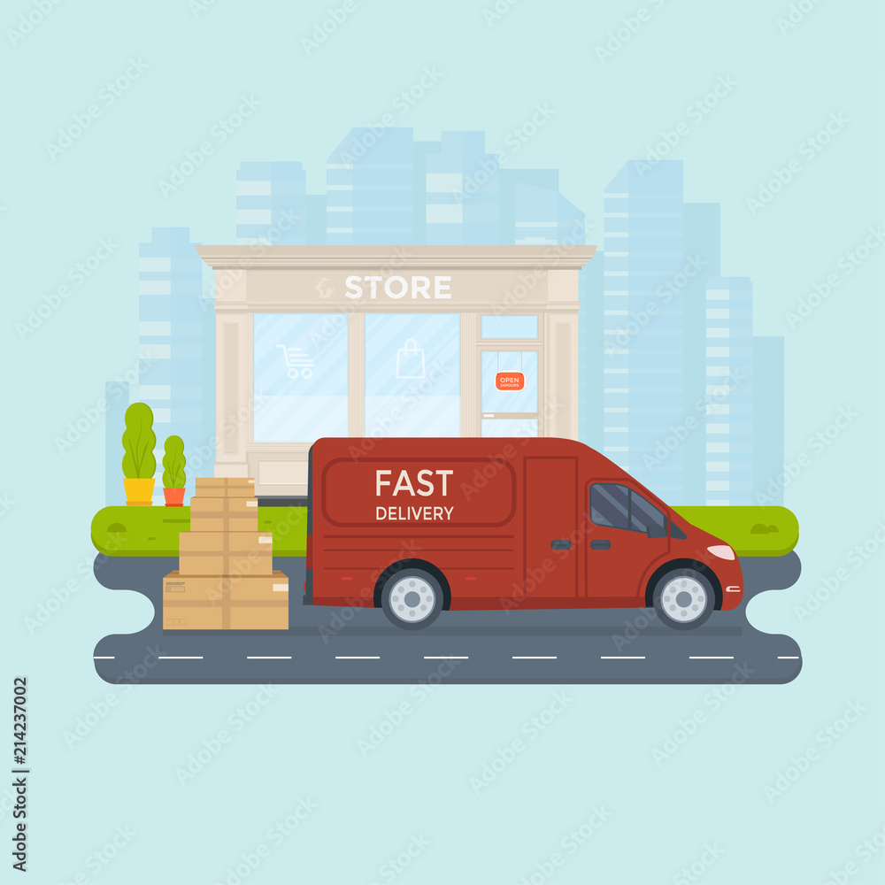 Logistics and delivery service concept: truck, lorry, van with store, shop and city background