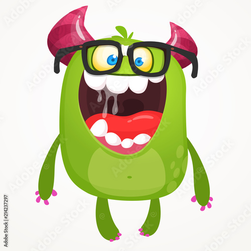 Cartoon green monster nerd wearing glasses. Vector troll or goblin oar alien illustration isolated