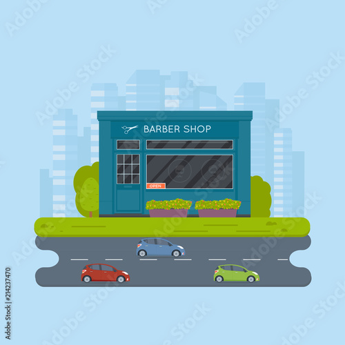 Vector flat design exterior and  barber shop facade.