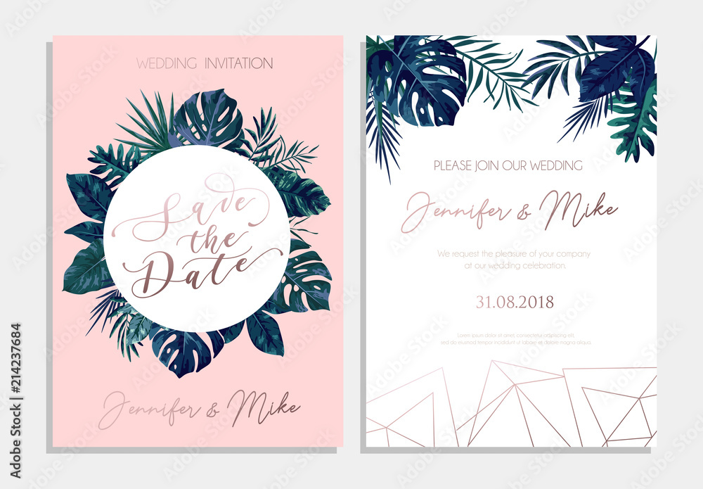 Save the date tropical invitation design. Modern wedding card with ...