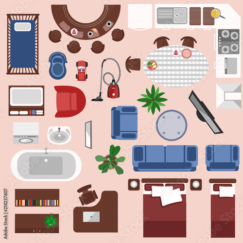 Interior top view elements set. Bedroom, nursery, living roon, kitchen, bathroom. Apatrment furniture set.