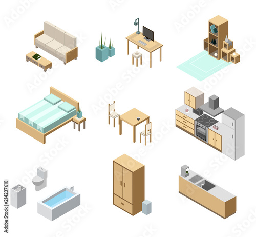 Isometric apartment isolated on white background. Kitchen, bedroom, living room and bathroom interior objects. Isometric furniture set.