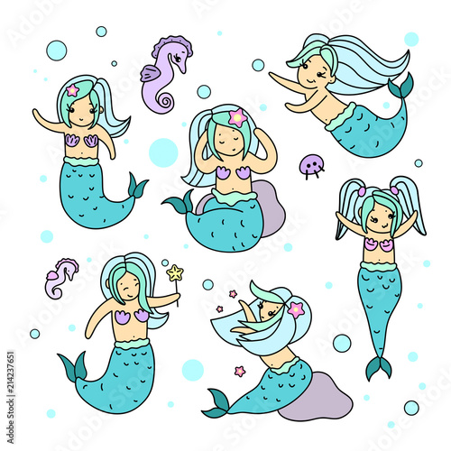 Kawaii mermaid characters set isolated on white background. Cute mermaid fairy-tale illustration with doodles. Set of characters for stickers,books, prints, invitations etc.