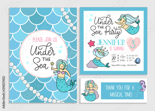 Under the sea party invitation for little girl mermaid. Set of greeting cards and invitations with hand drawn cute mermaids, lettering and doodles.