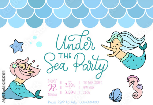 Mermaid party invitation for little girl mermaid. Greeting card with hand drawn cute mermaid, lettering and doodles.