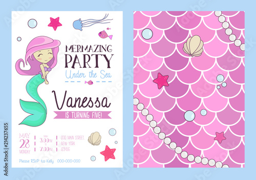 Mermaid party invitation with cute mermaid, starfish, seashell and scales. Birthday party design template with cartoon hand drawn elements. Vector illustration