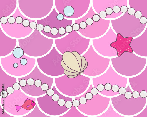 Mermaid scales seamless background pattern. Pink fish scales with cartoon pearls, starfish, bubbles and seashell. Cute background for card, print, invitation etc.