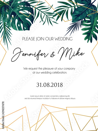 Wedding invitation tropical design with golden geometric lines and tropical leaves. Elegant floral template for engagement with lettering and white background. Vector illustration.