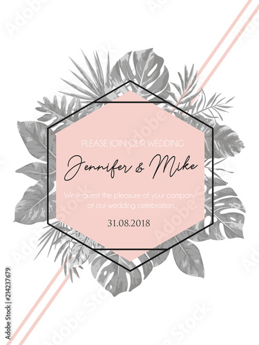 Save the date tropical invitation design. Modern wedding card with grey tropical leaves and blush pink geometric elements. Trendy design for poster or greeting card.