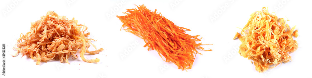 Shredded Squid with pepper on a white background (isolated). Snack Fish to beer. Close up Shredded Squid with pepper on a white background (isolated). Snack Fish to beer. Close up