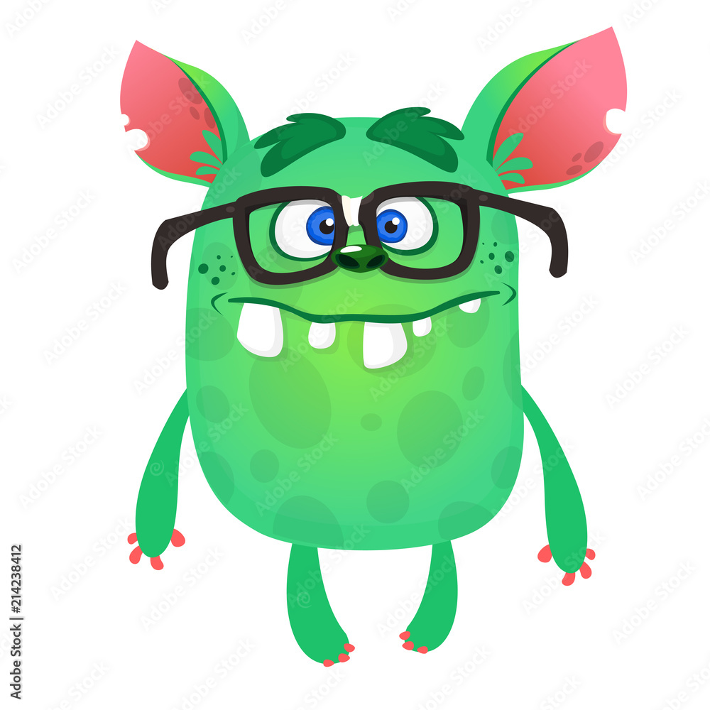 Fototapeta premium Cartoon green monster nerd wearing glasses. Vector illustration isolated