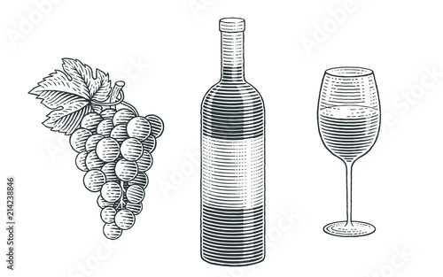 Wine bottle, glass of wine and grapes. Hand drawn engraving style illustrations. 