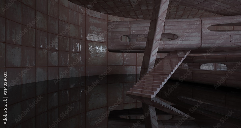 Fototapeta premium Empty smooth abstract room interior of sheets rusted metal . Architectural background. 3D illustration and rendering