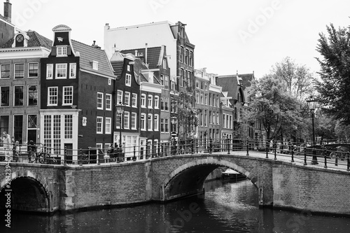 Monochrome view from the Keizergracht over the old canals of Amsterdam. 