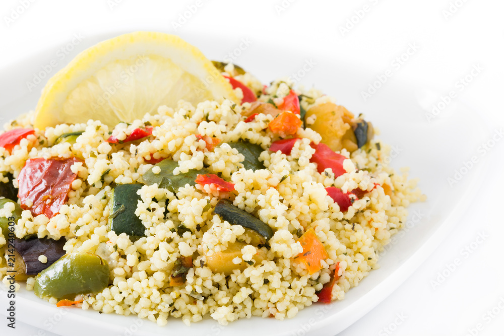 Couscous with vegetables isolated on white background Couscous with vegetables isolated on white background