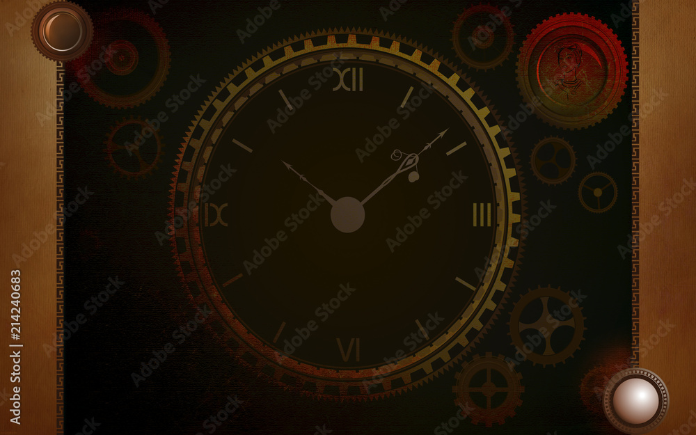 Steampunk clock compass on background with cogs, gears on canvas paper Steampunk clock compass on background with cogs, gears on canvas paper