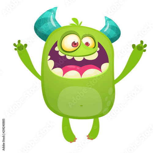Cartoon green monster. Monster troll illustration with surprised expression. Shocking green gremlin mascot design. Vector Halloween illustration
