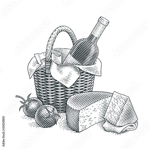 Wine bottle in a picnic basket with cheese and tomatoes. Hand drawn engraving style illustrations. Vector illustration.