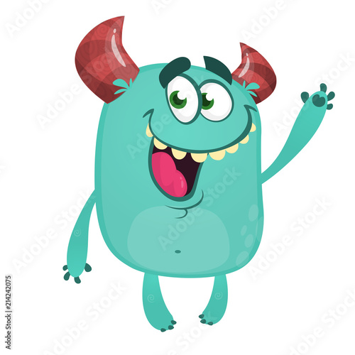 Angry cartoon monster. Halloween vector blue and horned monster