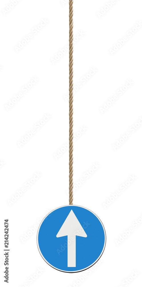 Blue arrow sign isolated on white background hanging from a rope indicating to go ahead - concept image Blue arrow sign isolated on white background hanging from a rope indicating to go ahead - concept image