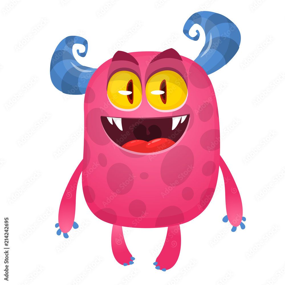 Naklejka premium Happy cartoon monster. Vector Halloween pink furry monster