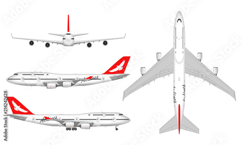realistic  passenger airplane. view from above; front view; side view.
