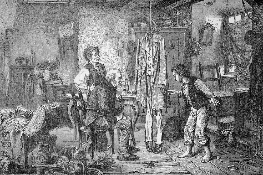 old print, den of thieves, miserable shack where a gang of an old man and two kids hide stolen valuable goods, while a woman cooks the meal.