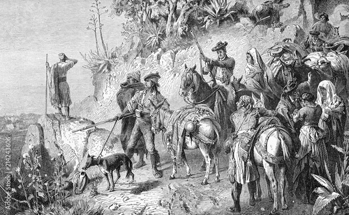 Vintage print, Spanish bandits waiting for ambush hidden behind the road turn with guns and horses