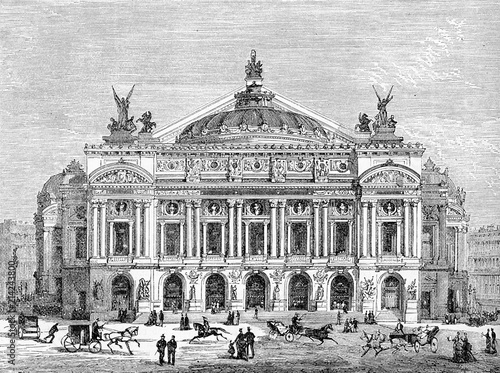 Vintage engraving, Palais Garnier opulent opera house in Paris, frontal view