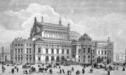 Vintage engraving, Palais Garnier opulent opera house in Paris,lateral view photo